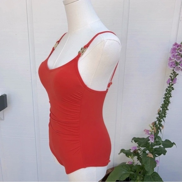 Michael Kors Orange Solids Logo Gold Chain One-Piece Swimsuit Women’s Size 6 - Picture 4 of 12